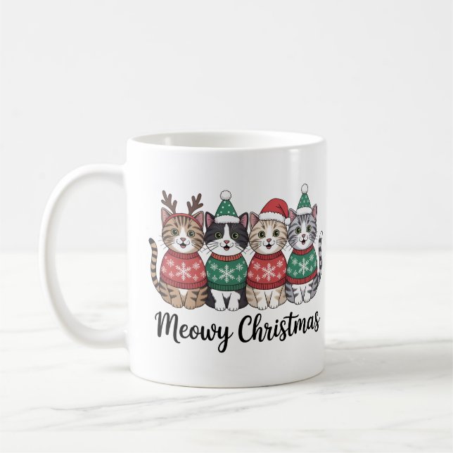 Caneca De Café Café de Natal Meowy | Feriado Gato Feriado Fresco (Esquerda)
