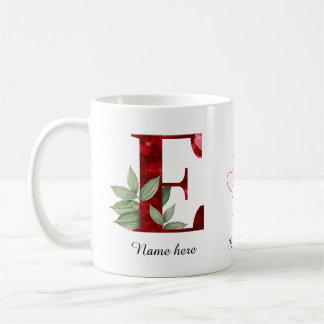 Caneca De Café Café E com Coração Vermelho Elegante e Floral Letr