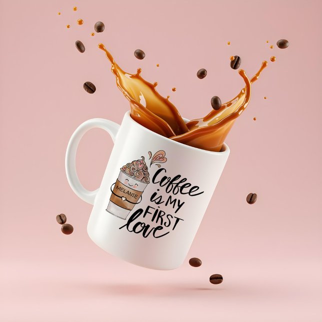 Caneca De Café Café é Meu Primeiro Amor, Café Engraçado, Tarte (Coffee is My First Love Cute Funny Coffee Latte Coffee Mug)