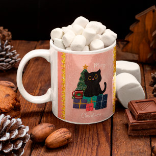Caneca De Café Café Gato Preto Fofo Natal Rosa Festivo