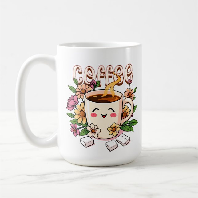 Caneca De Café Café Kawaii e Flores (Esquerda)