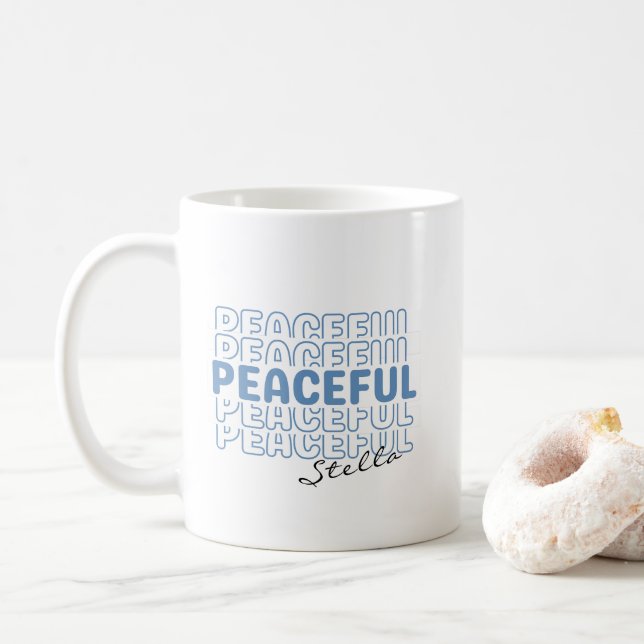 Caneca De Café Café M com Texto de Nome Personalizado Azul Ondula (Com Donut)