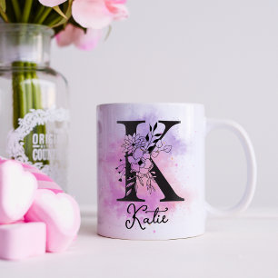 Caneca De Café Café Monograma Letra Preta Floral Rosa Roxo K