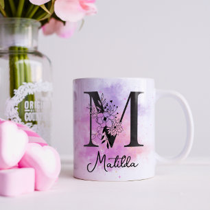 Caneca De Café Café Monograma Letra Preta Floral Rosa Roxo M