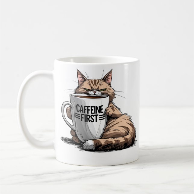 Caneca De Café Caffeine First Coffee Mug for Cat & Coffee Lovers (Esquerda)