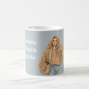 Caneca De Café Calças Jeans Loiras com Flores no Cabelo