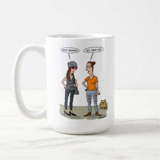 Caneca De Café Calças jeans novas? Não, gato novo. Cartão de Aber