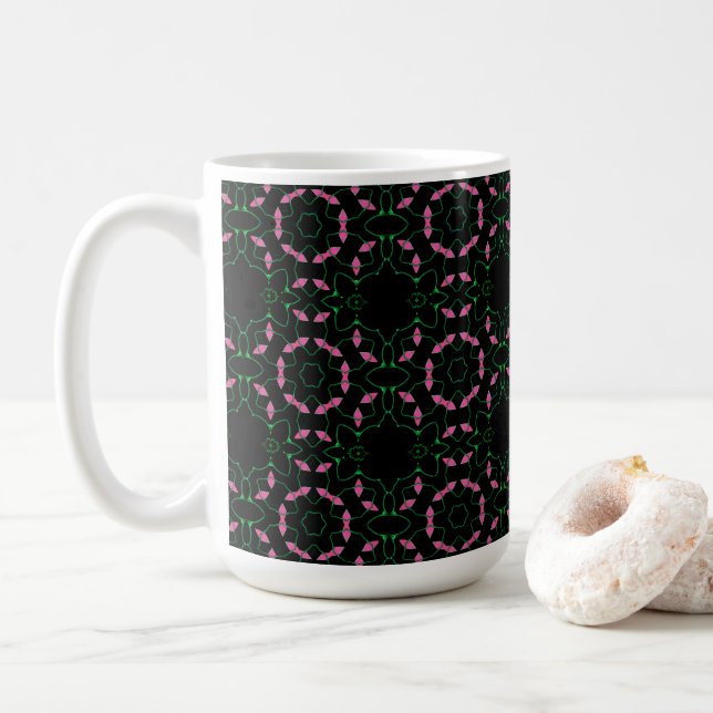 Caneca De Café Caleidoscópio de Esmeralda e Rosa (Com Donut)