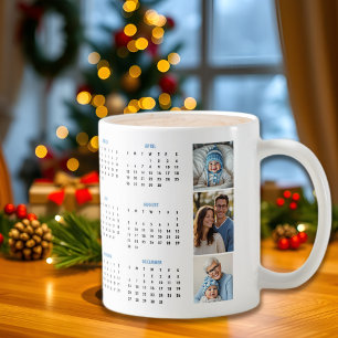 Caneca De Café calendário 2026 colagem de fotos azuis três fotos