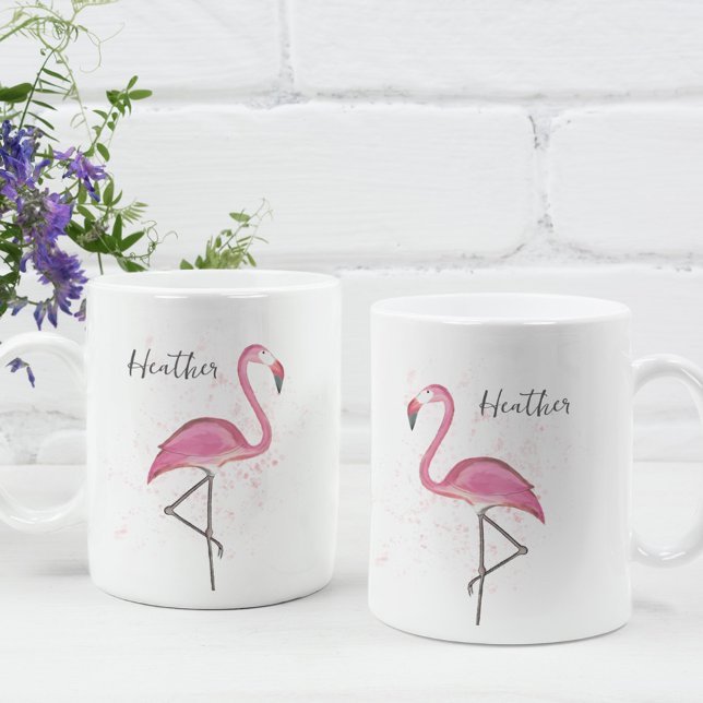 Caneca De Café Caligrafia Moderna Flamingo, Rosa, na moda (A cute pink flamingo custom mug. With a watercolor pink flamingo)