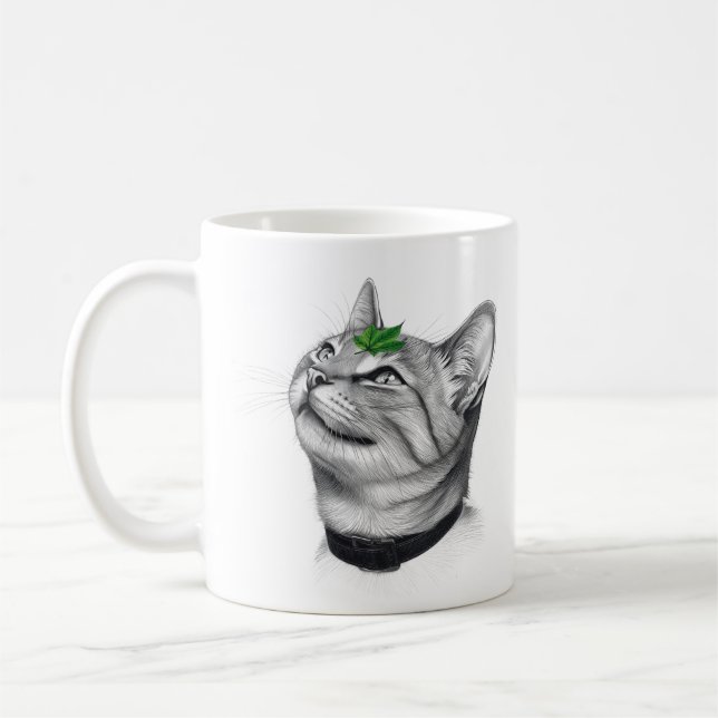 Caneca De Café Calm White Minimal Cat Leaf Aesthetic Drawing pfp (Esquerda)