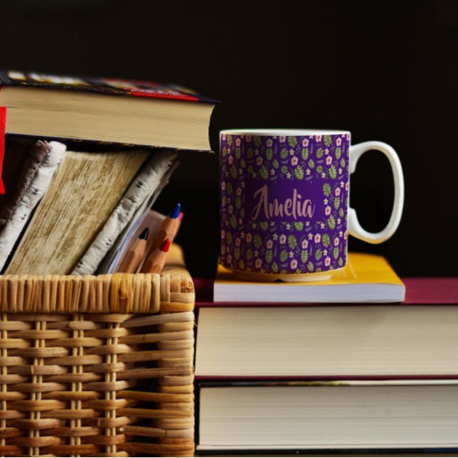 Caneca De Café Cama de café rosa-púrpura de jardim de aquarelas (Criador carregado)