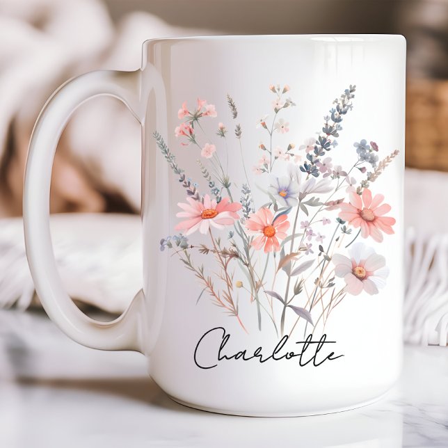 Caneca De Café Cama de flores silvestres personalizada, presente  (gift for girls, mug for her, floral birthday gift, floral Mother’s Day gift, custom name mug)