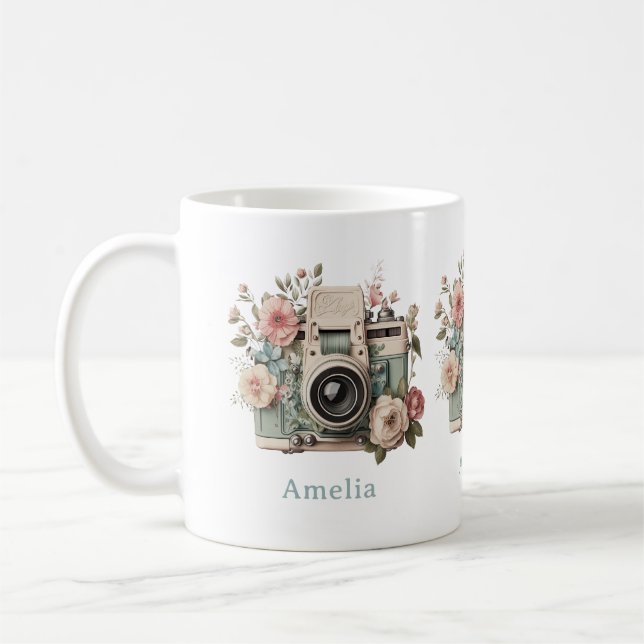 Caneca De Café Camera with Flowers Retro Pastel Image (Esquerda)