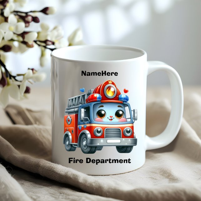 Caneca De Café Caminhão animado de bombeiros animados em um dia b (Criador carregado)