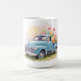 Caneca De Café Caminhão Azul Vintage com Ovos de Páscoa & Tulipas