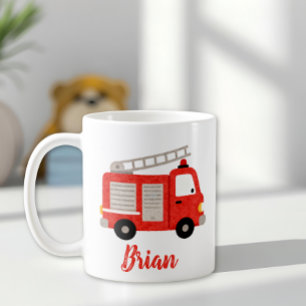 Caneca De Café Caminhão de Bombeiros Personalizado em Aquarela Fo