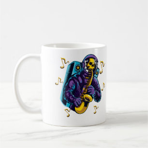 Caneca De Café Camisa de Astronauta Crânio Tocando Saxofone no Es