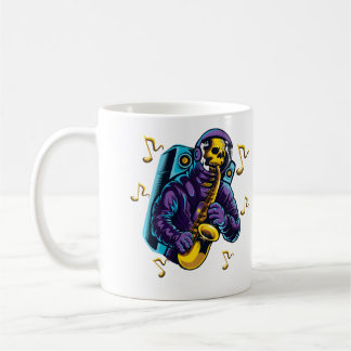 Caneca De Café Camisa de Astronauta Crânio Tocando Saxofone no Es