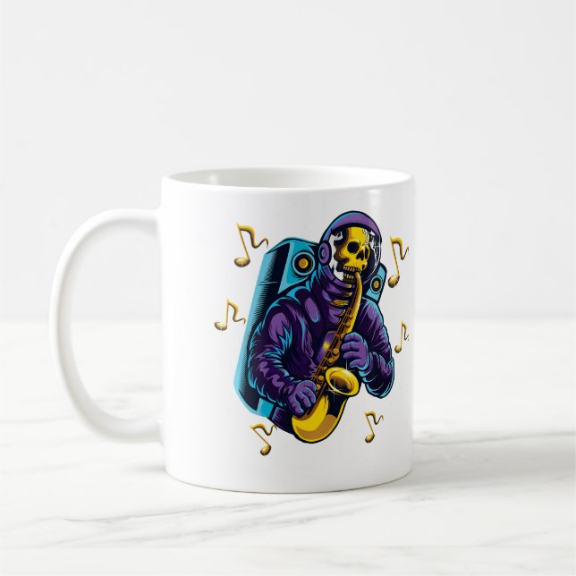 Caneca De Café Camisa de Astronauta Crânio Tocando Saxofone no Es (Esquerda)