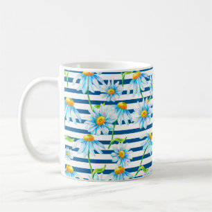 Caneca De Café Camomila de aquarela em um dorso listrado branco-a
