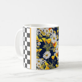Caneca De Café Camomiles Poppies e Checkerboard