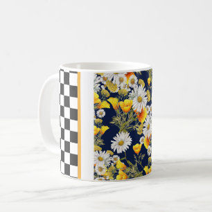 Caneca De Café Camomiles Poppies e Checkerboard 