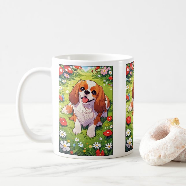 Caneca De Café Campo de flores Cavalier King Charles Pastel (Com Donut)