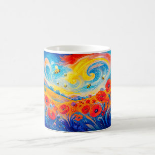 Caneca De Café Campo de papoulas vermelhas e azuis abstratas com