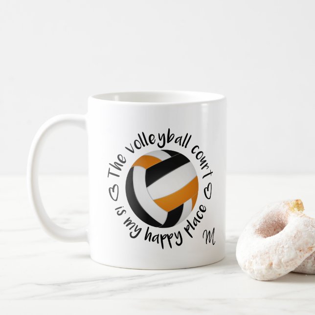 Caneca De Café campo de vôlei de laranja preto meu lugar feliz (Com Donut)