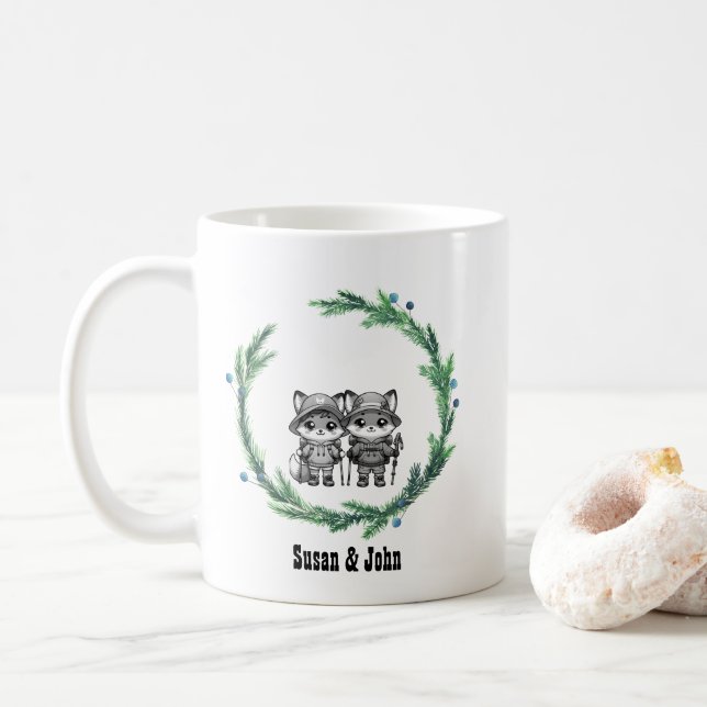 Caneca De Café Campo de Wreath de inverno no Natal Fox do Casal r (Com Donut)