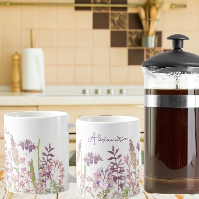 Caneca De Café Campo Pastel de Monograma de Flores Selvagens (Criador carregado)