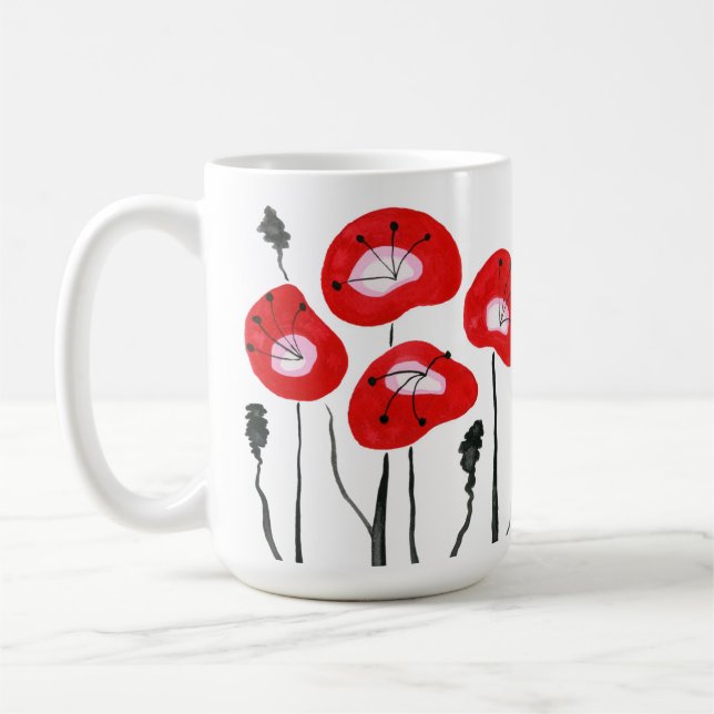Caneca De Café Campo Vermelho Moderno de Poppies Abstrato Floral  (Esquerda)