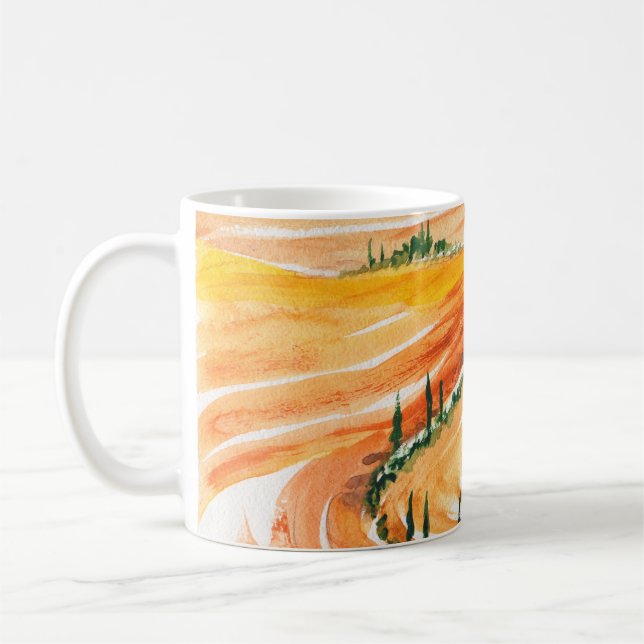 Caneca De Café Campos de verão. Pintura por aquarela. Tuscan land (Esquerda)