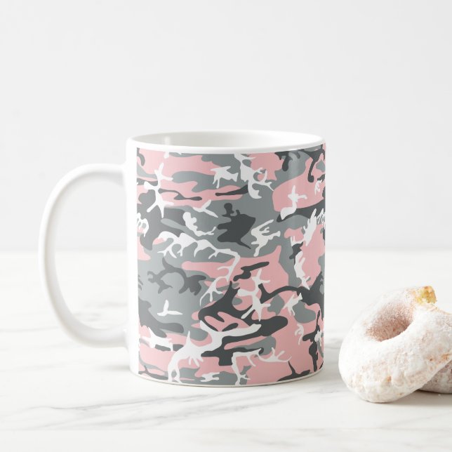 Caneca De Café Camuflagem rosa e Cinza, Militar, Exército (Com Donut)