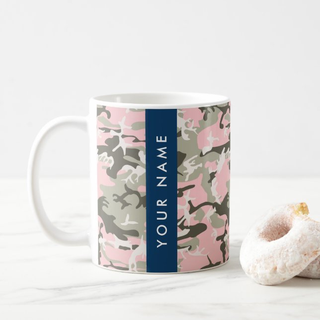 Caneca De Café Camuflagem Rosa e Verde Personalize seu nome (Com Donut)