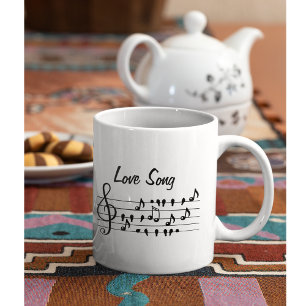Caneca De Café Canção de Amor Notas de Pássaro Arte Preto e Branc