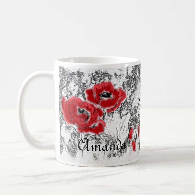 Caneca De Café Caneta desenhada mão desenhada estaca vermelha flo (Esquerda)