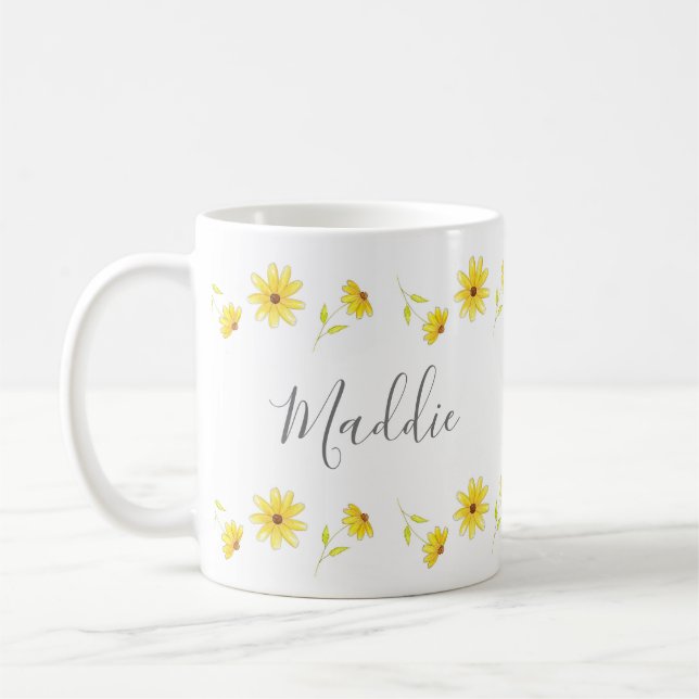 Caneca De Café Caneta Floral Amarelo e Padrão de Aquarela (Esquerda)