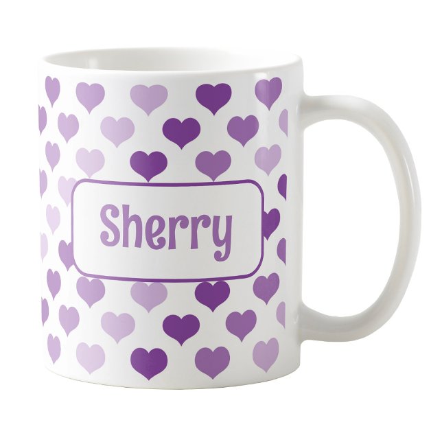 Caneca De Café Canhão de Corações Roxos Personalizado (Personalized Purple Hearts Mug at Amy's Coffee Mugs on Zazzle. )