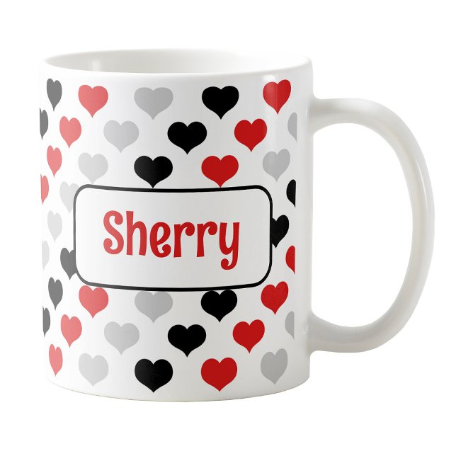 Caneca De Café Canhão de Corações Vermelhos Pretos Personalizados (Personalized Black Red Hearts Mug at Amy's Coffee Mugs on Zazzle. )