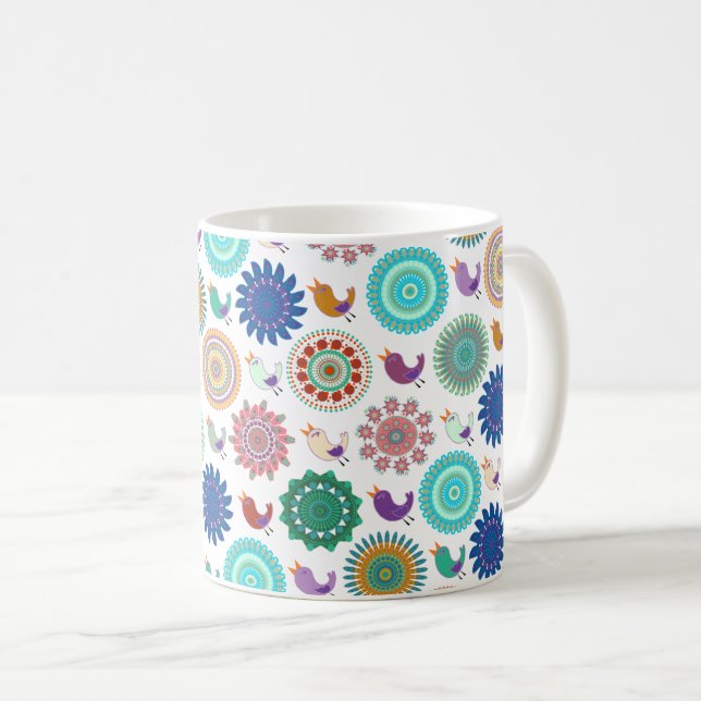 Caneca De Café Cantando Pássaro e Mandala - Padrão de Arte Folk (Frente Esquerda)