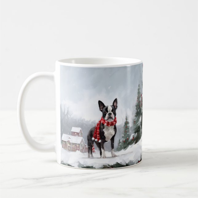 Caneca De Café Cão Boston Terrier na neve Natal  (Esquerda)