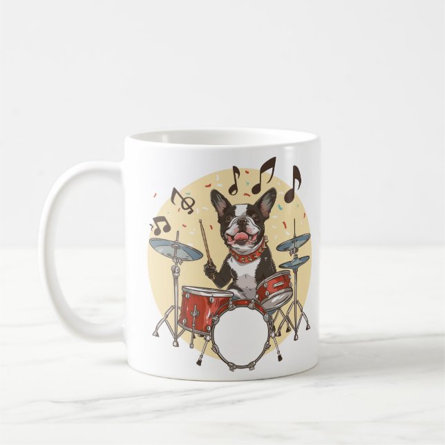 Caneca De Café Cão Boston Terrier Tocando Tambores (Esquerda)