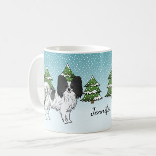Caneca De Café Cão Cachorro Negro E Branco Na Floresta De Inverno