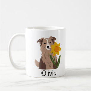Caneca De Café Cão Collie grosso com Daffodil Flower personalizad