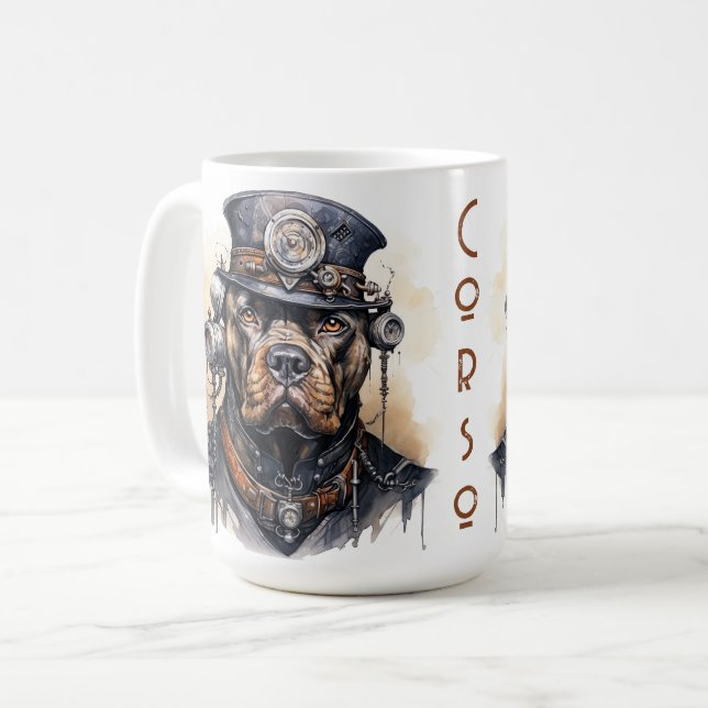 Caneca De Café Cão Corso Steampunk Cachorro (Frente Esquerda)