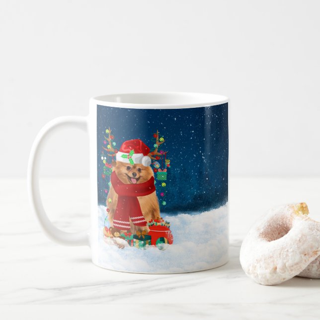 Caneca De Café Cão da Pomerânia com presentes de Natal (Com Donut)