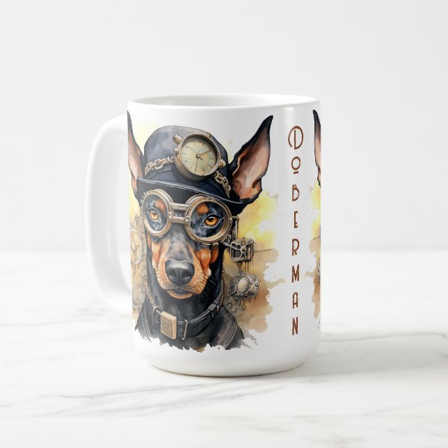 Caneca De Café Cão Doberman Pinscher Steampunk (Frente Esquerda)