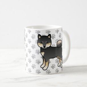 Caneca De Café Cão e patas de cartoon Shiba Inu Preto e Tan